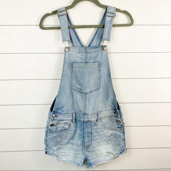 American Eagle Outfitters Pants - American Eagle Shortalls Denim Light Wash Raw Hem